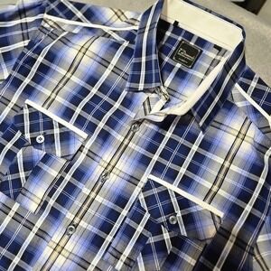 7 Diamonds Mens Blue Plaid Short Sleeve Button Down Shirt Contrast Piping Large